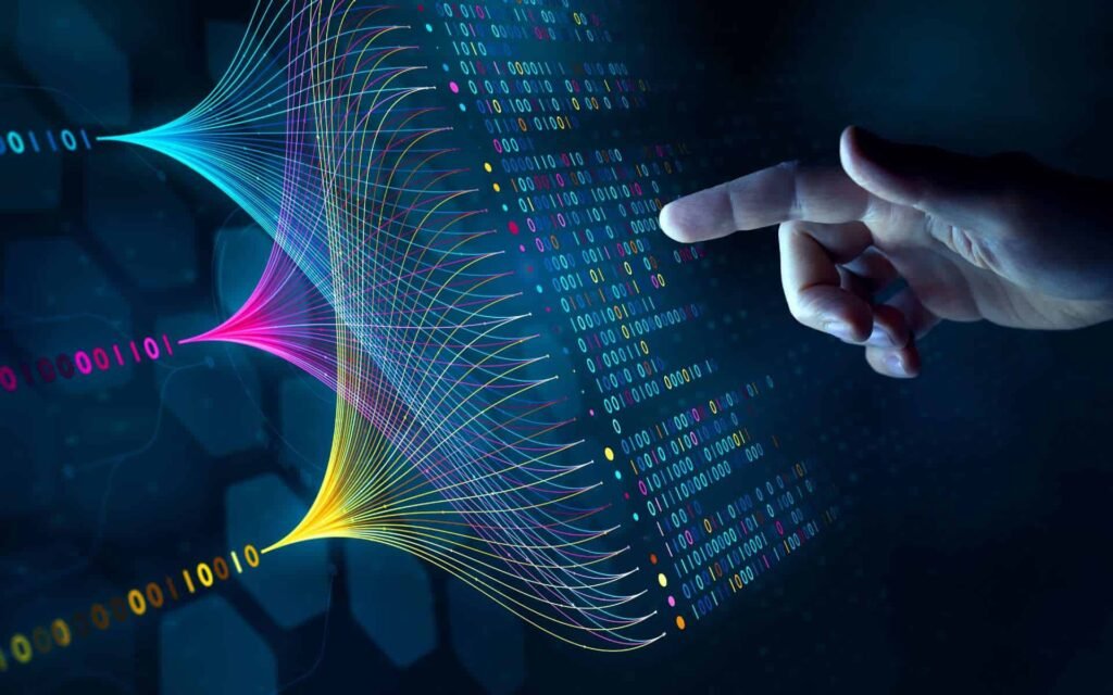 Tela com códigos complexos e uma representação visual de rede neural